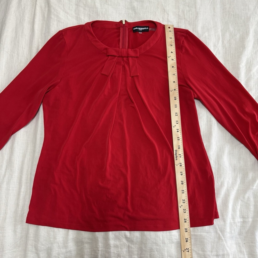 Karl Lagerfeld Red Bow Flowy 3/4 Sleeve Blouse Top Women's Large Holiday‎ Modest - Picture 2 of 5
